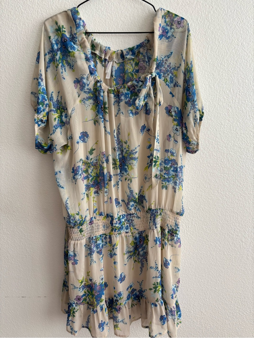 Women's Floral Tie-Neck Dress in Cream and Blue
